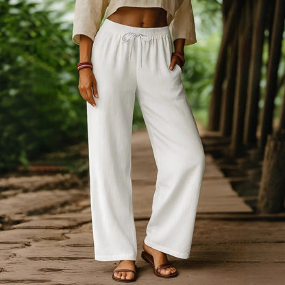 Pantalon femme large – Lin et coton – Taille élastique – Coupe ample