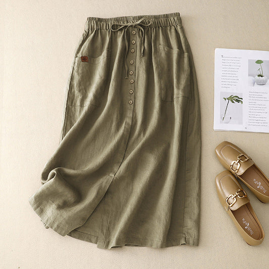 Jupe mi-longue femme – Coupe évasée – Fibres naturelles – Taille réglable – Poches