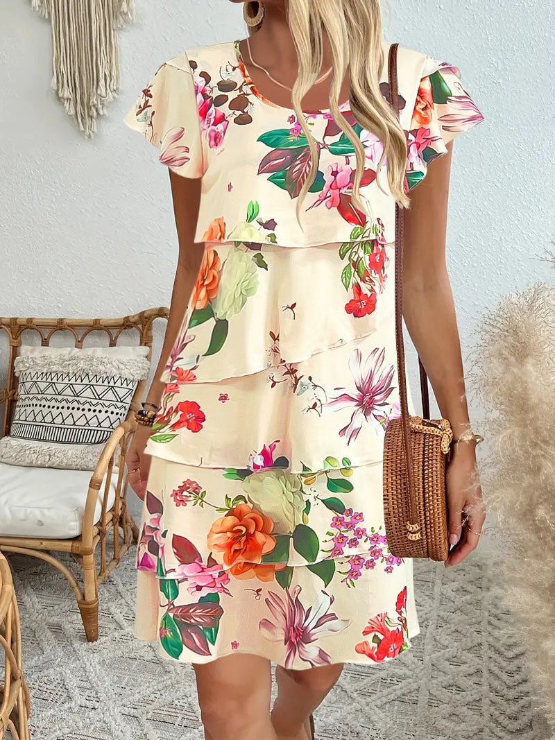 Robe midi femme – Coupe fluide – Manches volantées – Imprimé vif – Style décontracté