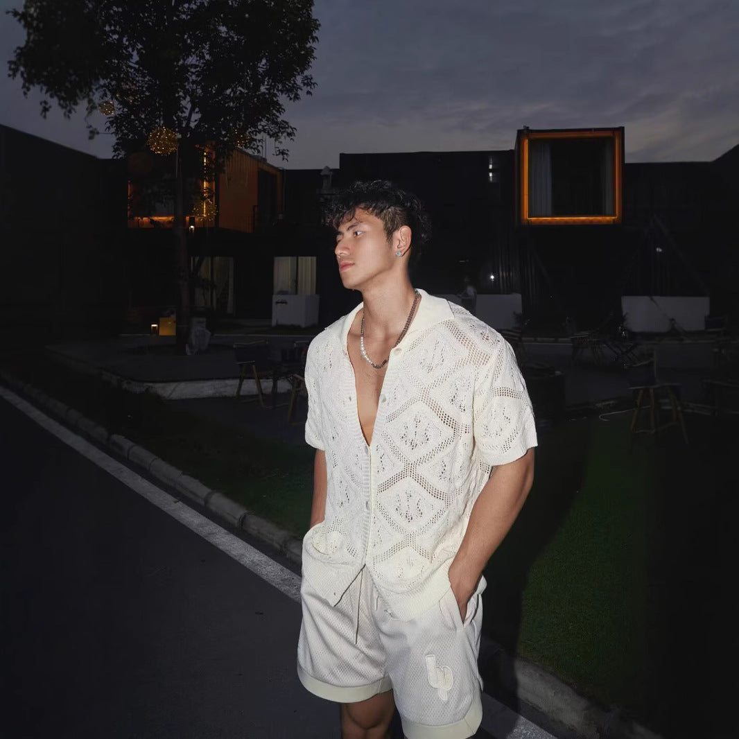 Men's cardigan – Oversized fit – Breathable open-knit – Short sleeve – V-neck