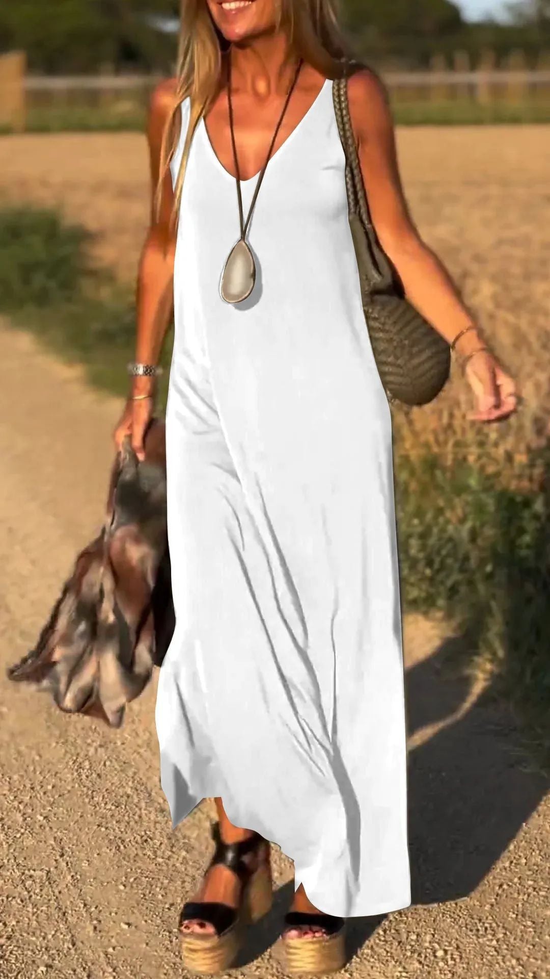 Robe longue femme – Coupe décontractée – Bretelles fines