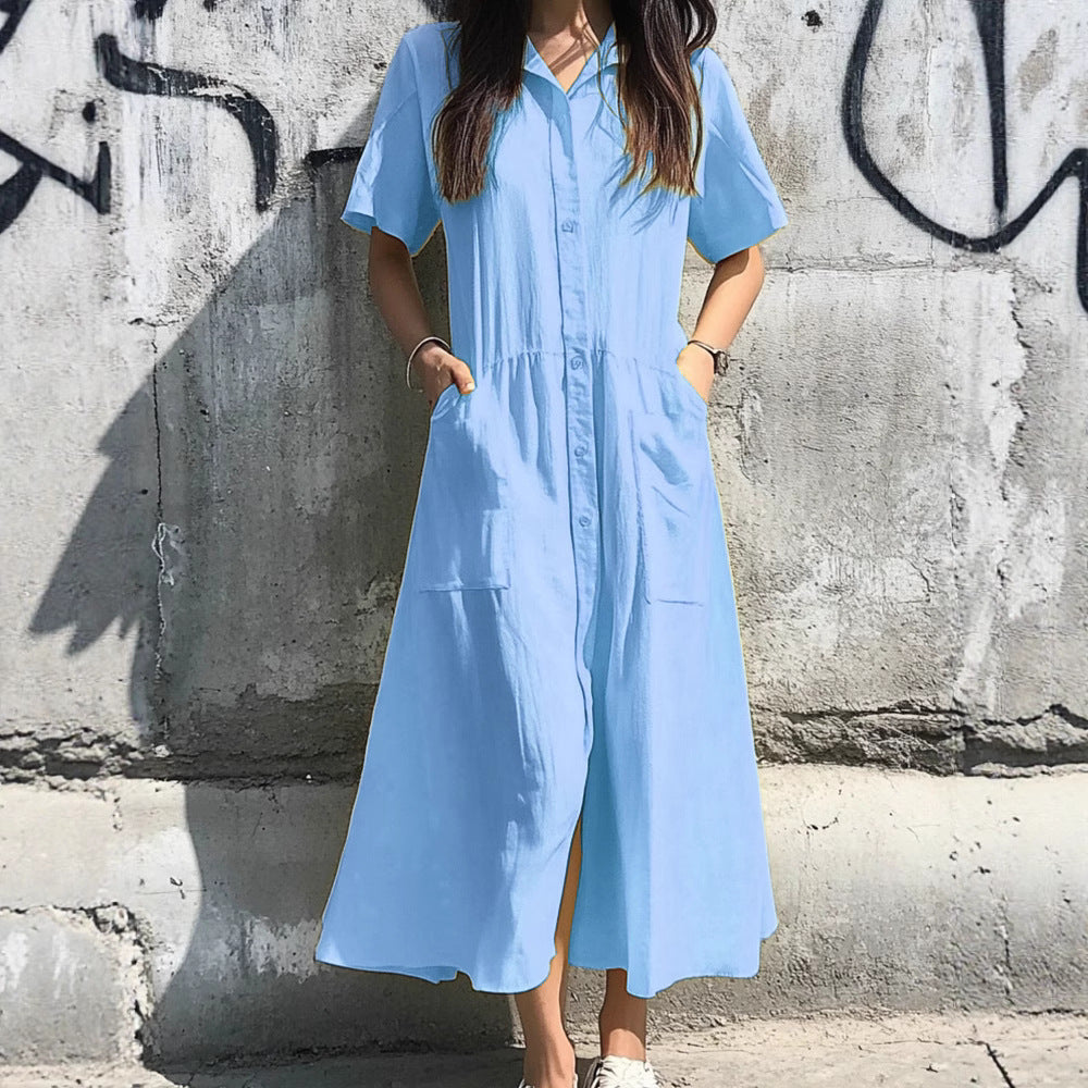 Robe Chemise Femme – Coupe Décontractée – Boutonnage Intégral – Manches Courtes – Longueur Midi