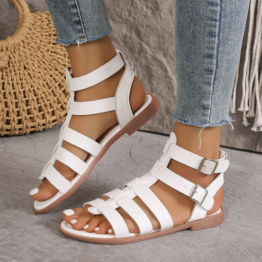 Sandales plates femme – Style romain – Bout ouvert – Brides ajustables confortables