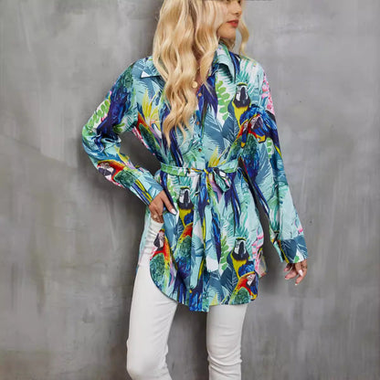 Women's shirt long sleeves – Loose fit – Lightweight breathable fabric – Waist belt