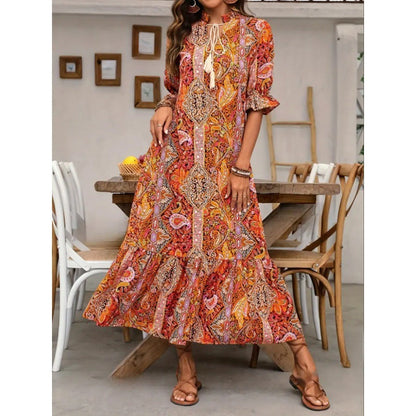 Robe midi femme – Coupe fluide – Manches à volants – Imprimé bohème – Col à nouer