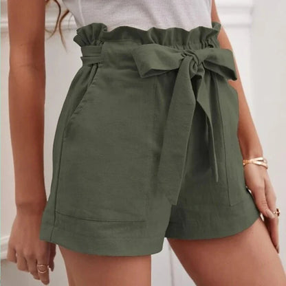 Short Femme – Taille Haute – Lin – Coupe Ample – Ceinture – Poches Avant