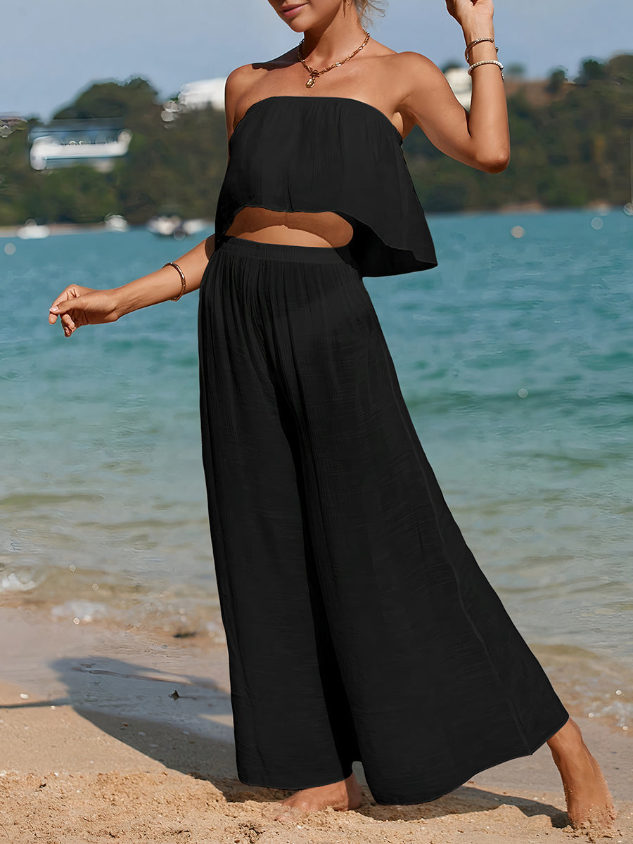 Ensemble Femme Deux Pièces – Haut Sans Bretelles – Pantalon Large Taille Haute – Tissu Léger Respirant