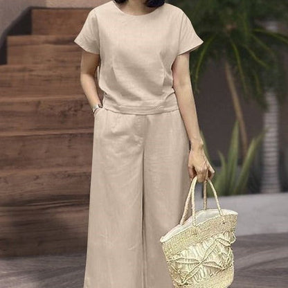 Ensemble deux pièces pour femme - Coupe ample - Top à manches courtes et col rond - Pantalon large à taille élastique