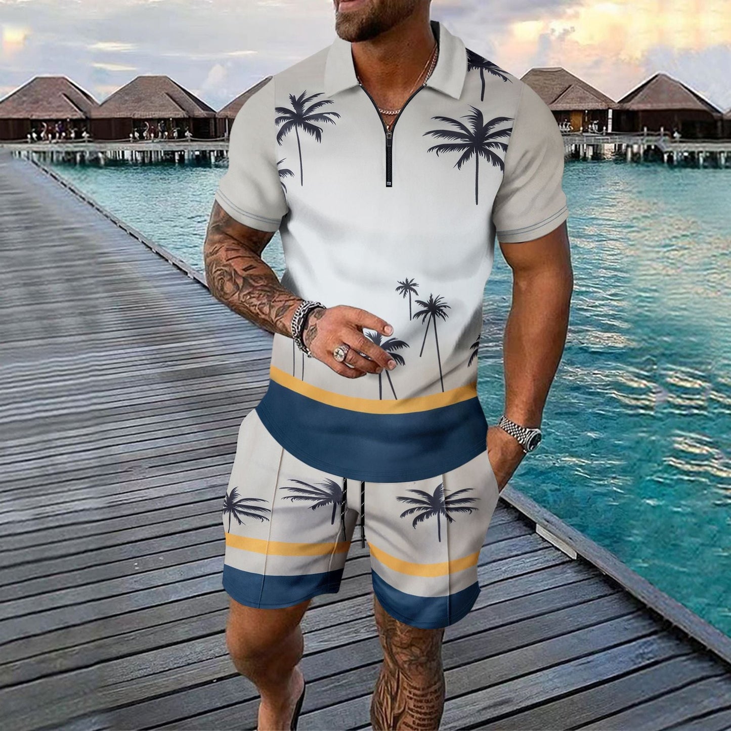 Ensemble Deux Pièces Homme – Coupe Slim – Col Zippé – Motif Tropical