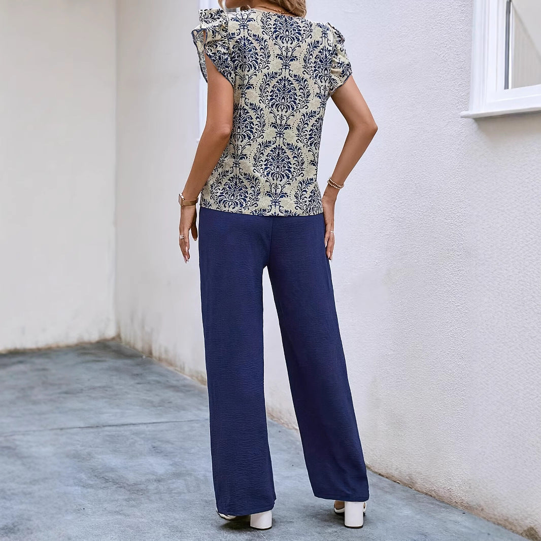 Ensemble femme – Haut fleuri col V manches volantées – Pantalon large avec ceinture