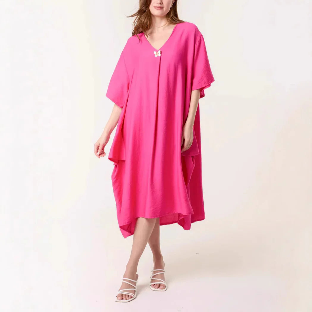 Robe Tunique Femme – Coupe Ample – Tissu Respirant – Manches Courtes – Col V Midi
