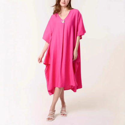 Robe Tunique Femme – Coupe Ample – Tissu Respirant – Manches Courtes – Col V Midi