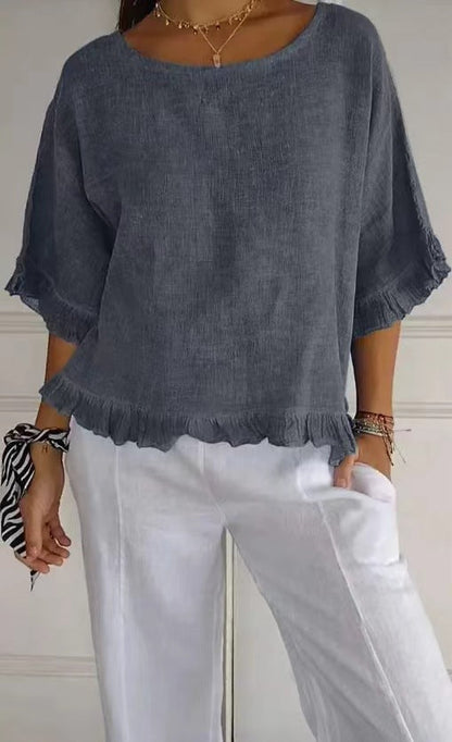 Blouse femme manches courtes – Lin coton – Coupe ample – Col rond – Ourlet volanté