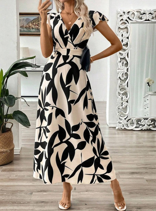 Robe longue femme – Coupe portefeuille – Tissu respirant – Motif floral élégant