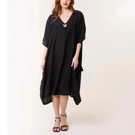 Robe Tunique Femme – Coupe Ample – Tissu Respirant – Manches Courtes – Col V Midi