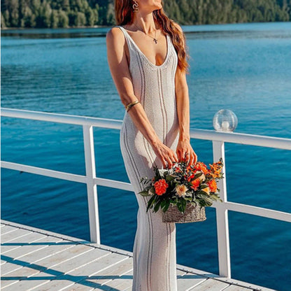 Women's knit dress – Fitted – Sleeveless – Backless – Ankle length