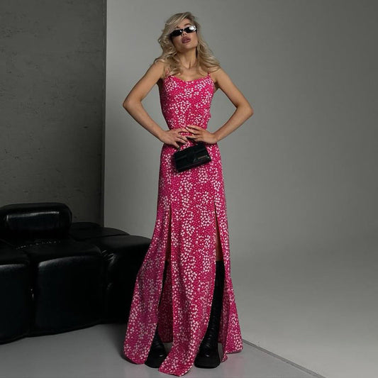 Robe longue femme – Coupe ajustée – Bretelles fines – Fente haute – Imprimé fleuri
