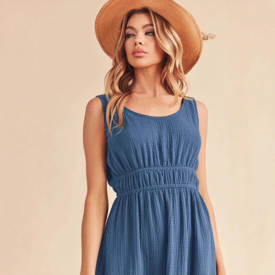 Robe femme sans manches – Coupe évasée – Tissu respirant – Longueur midi – Poches pratiques