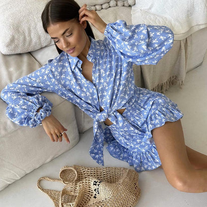 Ensemble Femme Deux Pièces – Chemise Nouée Manches Longues – Short Taille Haute Volanté