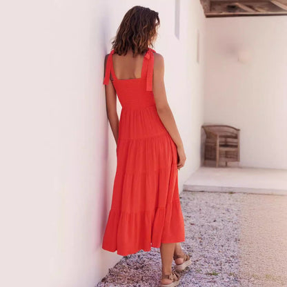 Robe midi femme – Coupe fluide – Bretelles réglables – Buste smocké – Jupe à volants