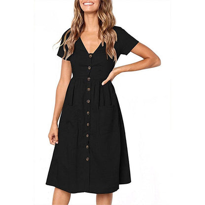 Robe femme – Coupe évasée – Tissu respirant – Manches courtes – Longueur midi