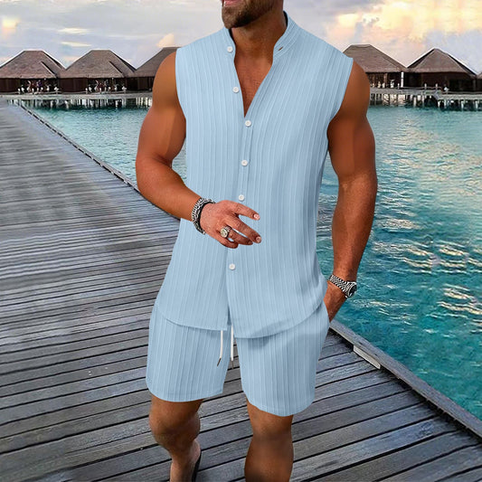 Ensemble chemise et short pour homme – Sans manches – Lin – Coupe décontractée – Col mandarin – Boutonné