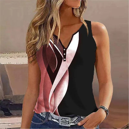 Top sans manches femme – Coupe décontractée – Col en V – Boutons décoratifs – Motif abstrait – Tissu respirant