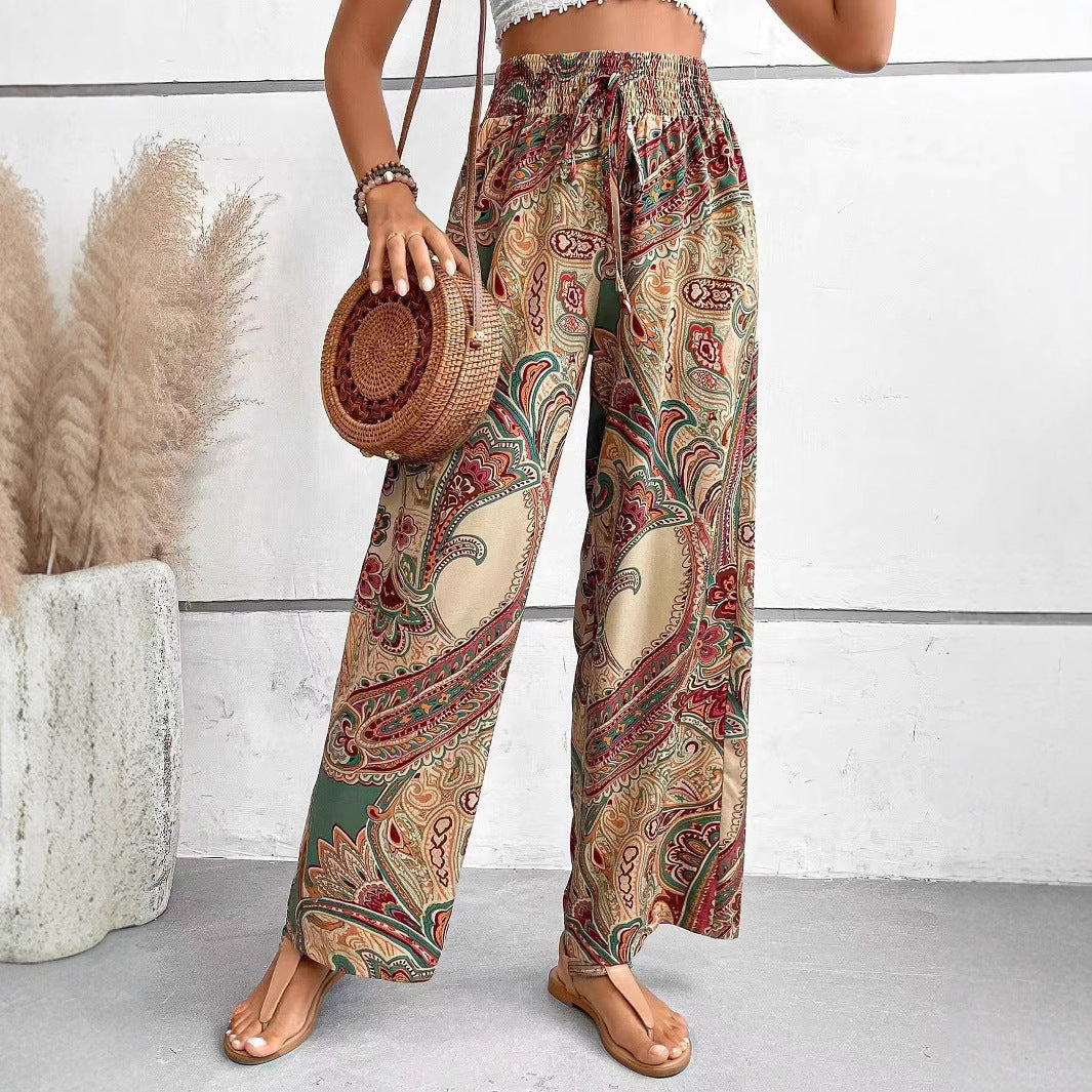 Pantalon femme large – Motif cachemire – Taille élastique – Tissu fluide respirant