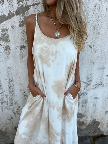 Robe longue femme – Coupe fluide – Bretelles réglables – Fibres naturelles – Poches