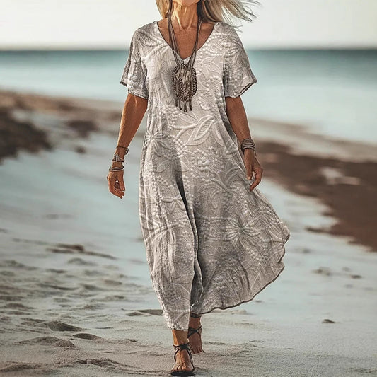 Robe mi-longue femme – Coupe évasée – Col V – Manches courtes – Motif fleuri