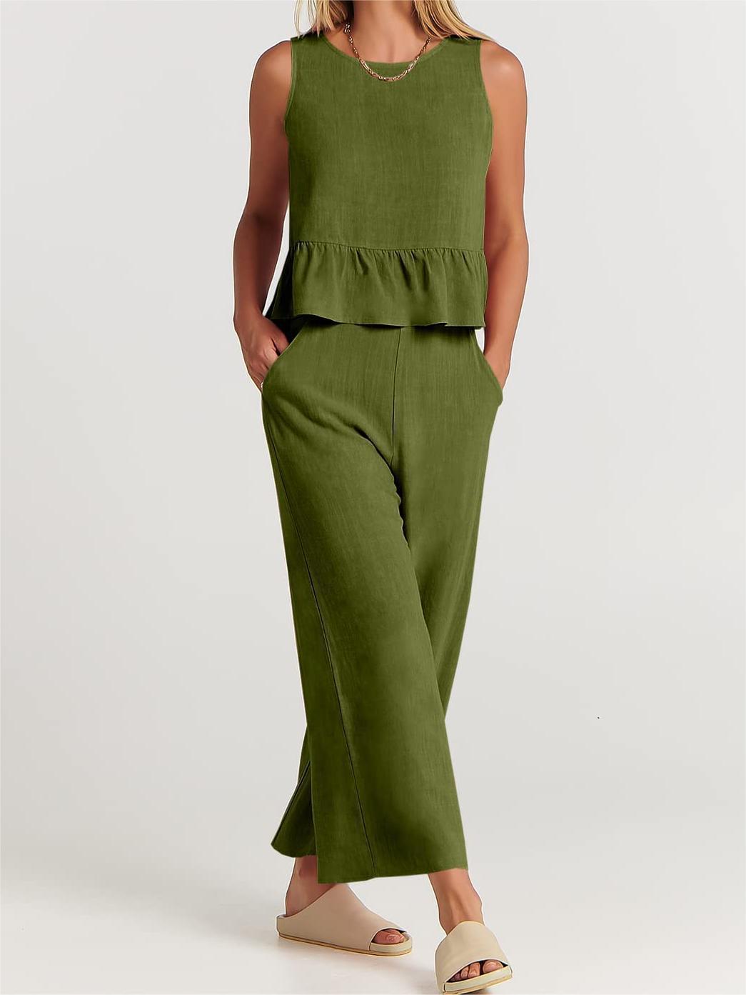 Ensemble 2 pièces pour femmes - Top court sans manches - Pantalon large à taille élastique - Coupe décontractée