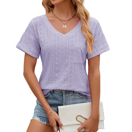 T-shirt femme – Coupe décontractée – Col V – Motif brodé – Manches courtes – Tissu respirant