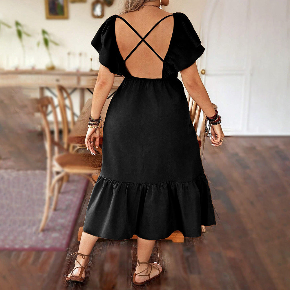 Robe femme midi – Encolure en V – Taille froncée – Manches bouffantes – Ourlet à volants