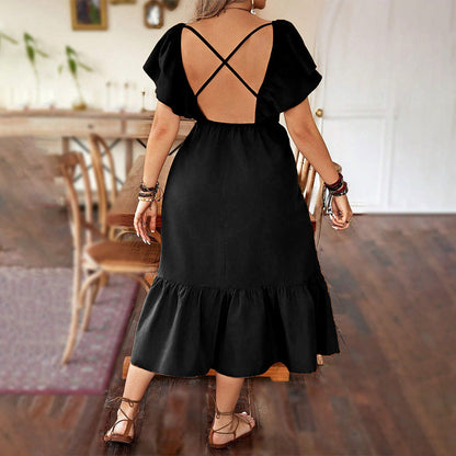 Robe femme midi – Encolure en V – Taille froncée – Manches bouffantes – Ourlet à volants