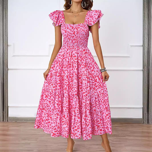 Robe longue femme – Bretelles volantées – Buste smocké – Jupe évasée à volants – Tissu respirant