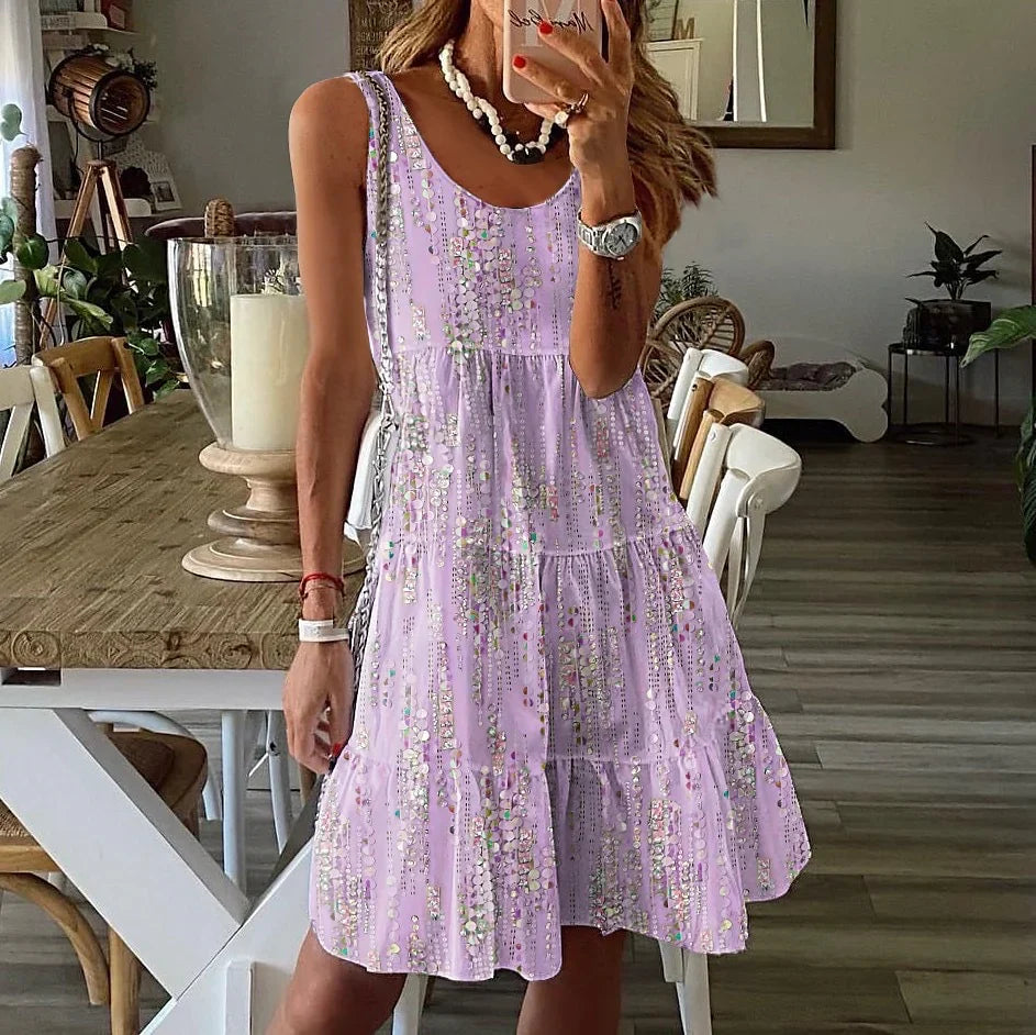 Robe femme – Coupe évasée – Coton respirant – Volants superposés – Sans manches