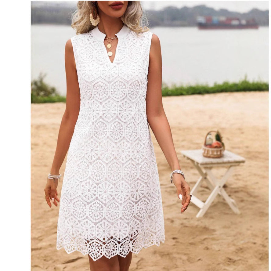 Robe mini femme – Tissu ajouré – Coupe droite – Sans manches – Décolleté en V