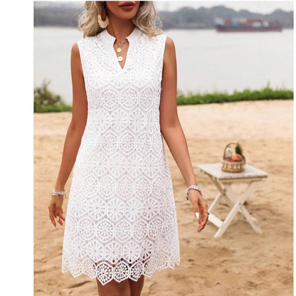 Robe mini femme – Tissu ajouré – Coupe droite – Sans manches – Décolleté en V