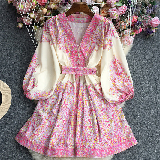 Robe longue femme – Tissu respirant – Coupe fluide – Ceinture – Motif cachemire