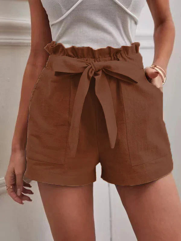 Short Femme – Taille Haute – Lin – Coupe Ample – Ceinture – Poches Avant