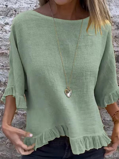 Blouse femme manches courtes – Lin coton – Coupe ample – Col rond – Ourlet volanté