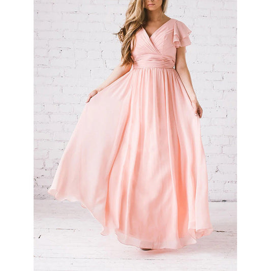 Robe longue femme – Tissu fluide – Décolleté cache-cœur – Manches volantées