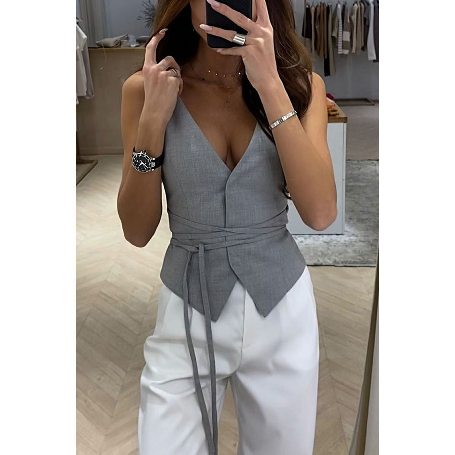 Débardeur Femme – Coupe Cintrée – Lin Léger – Taille Lacée – Col En V