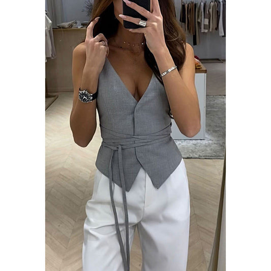 Débardeur Femme – Coupe Cintrée – Lin Léger – Taille Lacée – Col En V