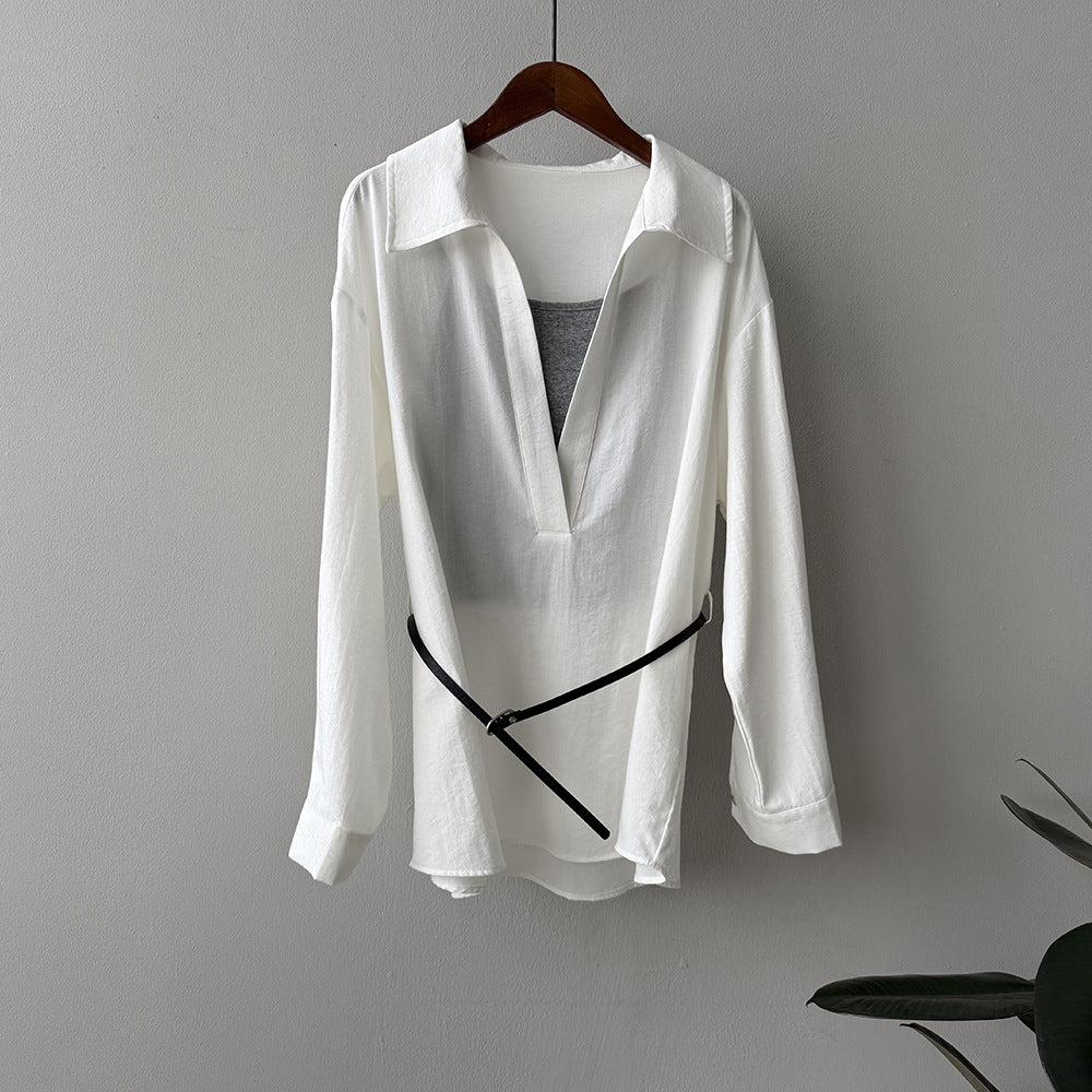 Blouse femme – Col à revers – Manches longues – Coupe ample – Ceinture intégrée