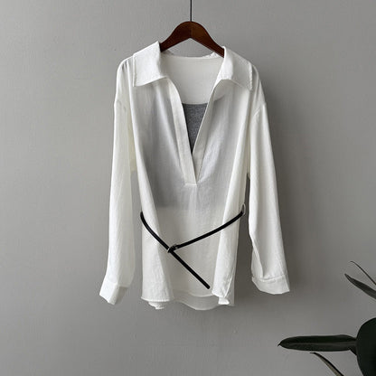 Blouse femme – Col à revers – Manches longues – Coupe ample – Ceinture intégrée