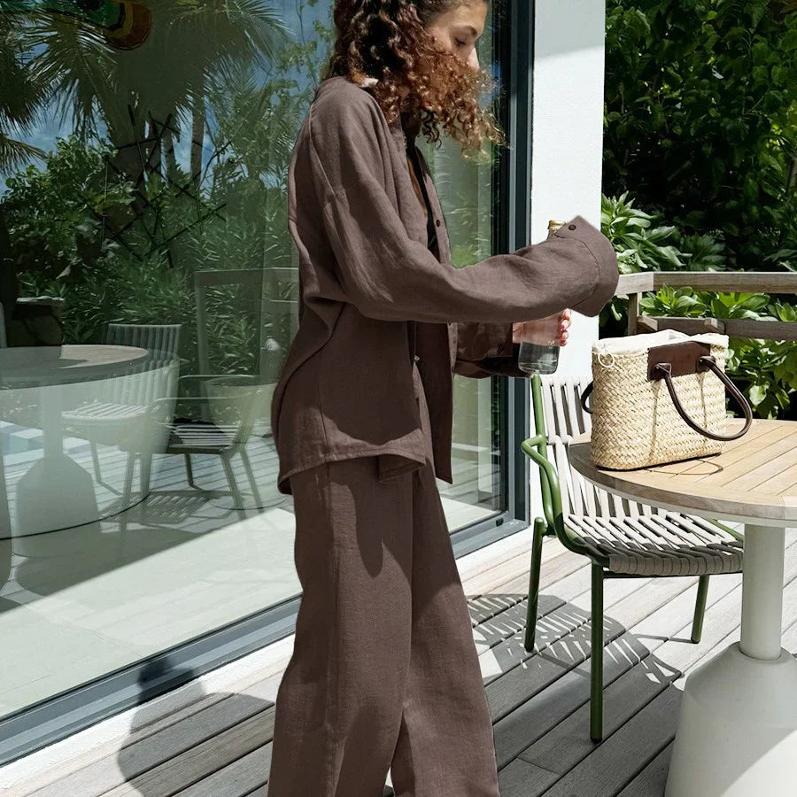 Ensemble Femme Deux Pièces – Lin – Coupe Décontractée – Chemise Oversize – Pantalon Large