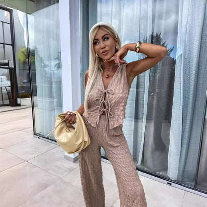 Women's Set Sleeveless Top and Pants – Tied V-Neck – Crinkled Fabric Straight Cut