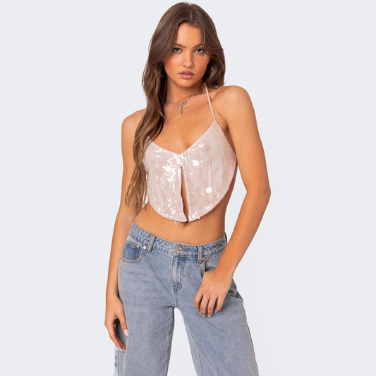 Top court femme – Dos nu à sequins – Décolleté plongeant – Coupe ajustée soirée