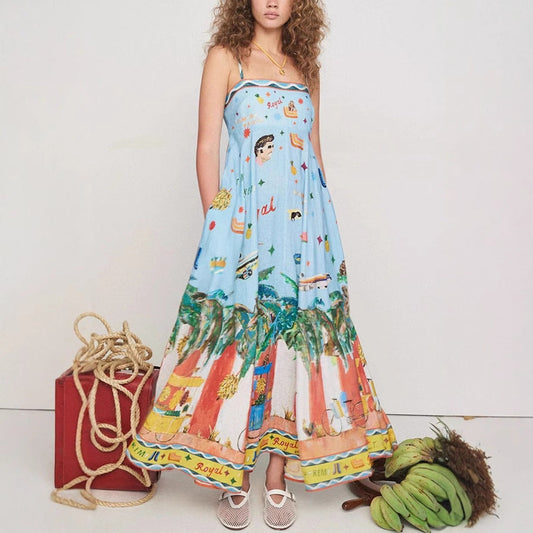 Robe longue femme – Bretelles fines – Imprimé graffiti – Taille empire fluide